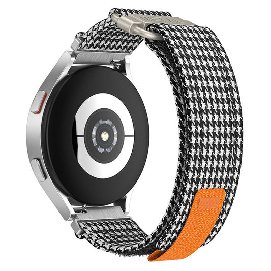 For Samsung Galaxy Watch5  /  Watch 5 Pro  /  Watch 4  /  Watch 4 Classic Canvas Watchband 20mm Loop Strap - Black  /  White Grids
