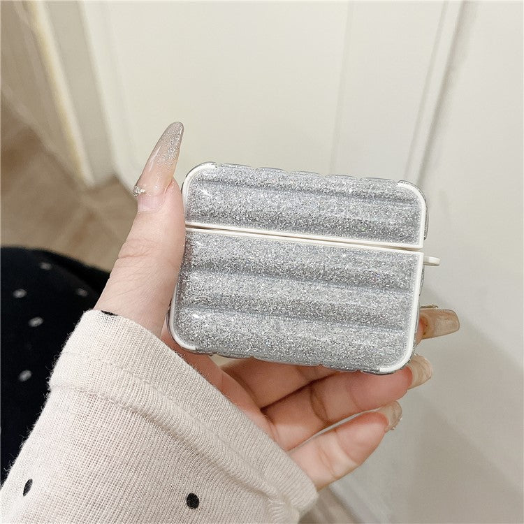For Apple AirPods 3 Glitter Case Down Jacket Design Leather+TPU Earphone Cover with Anti-Lost Buckle - Silver