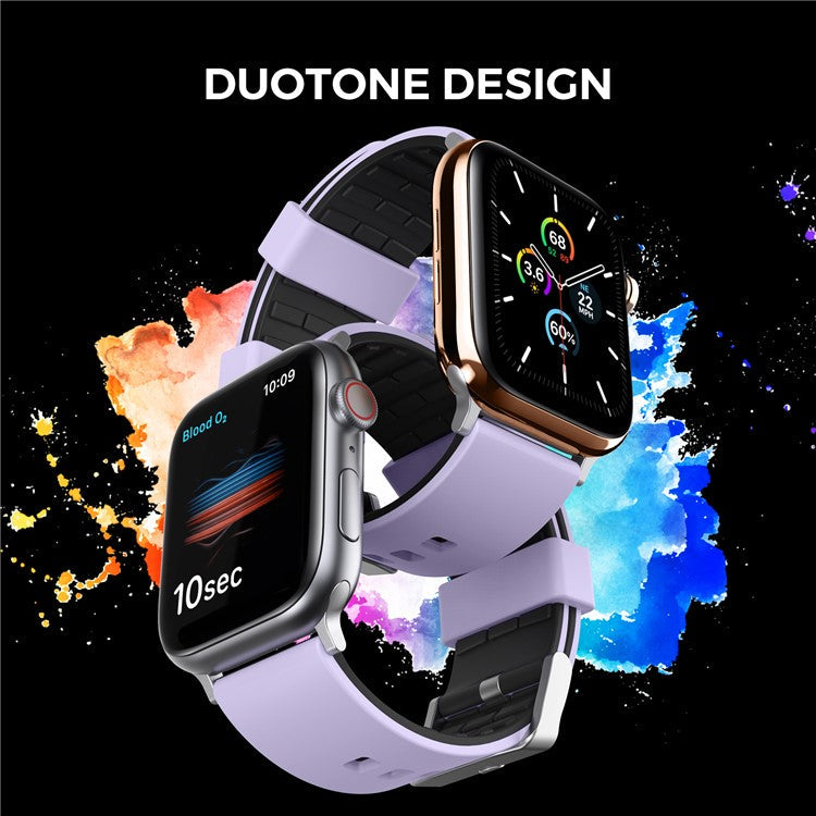 AHASTYLE WA11 Watch Band for Apple Watch Series 10 46mm / Ultra 2 Ultra 49mm /  Series 9 8 7 45mm / 6 5 4 SE (2023) SE (2022) SE 44mm / 3 2 1 42mm Contrast Colors Silicone Strap - Purple+Black