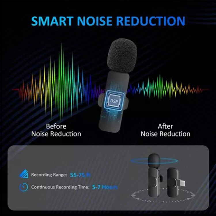 K1 Noise Reduction Lavalier Microphone 2 Wireless Mic with Type-C Receiver + iP Audio Converter