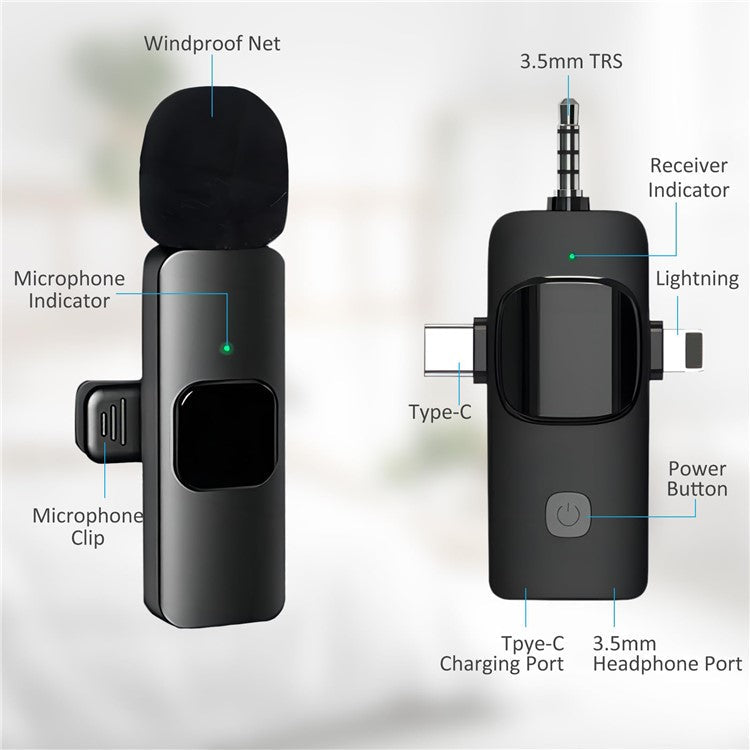 K15 3 in 1 Wireless Lavalier Microphone with Noise Reduction USB-C Microphone for Smartphone Computer Camera
