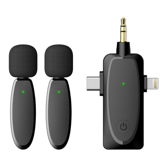 AP003 Mini Size 2.4GHz Wireless Lavalier Microphone System 2 Mic + 1 Receiver (3.5mm AUX+for Lightning+Type C) for Huawei iPhone Sony Other Camera Recording Video