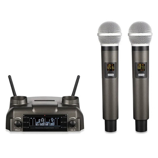 CD-02 Dual UHF Microphone System Handheld Dynamic Mic Support Magnetic Induction Charging - US Plug