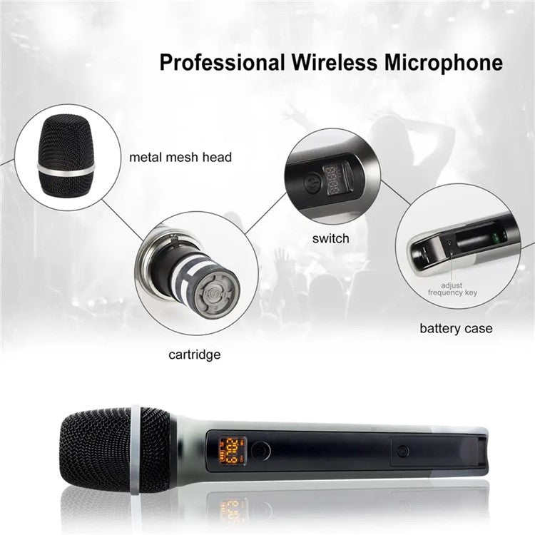W-17 Dynamic Wireless Microphone 1 to 2 All-Metal UHF FM Handheld Microphone for Conference, Stage