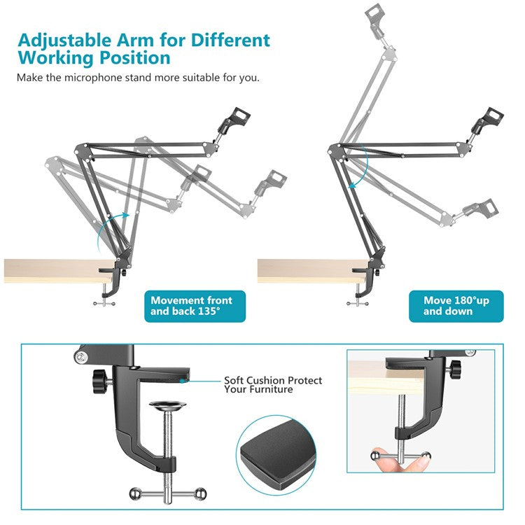 NEEWER Recording Microphone Extendable Stand Shockproof Microphone Clip Scissor Arm Table Mount Clamp - Black