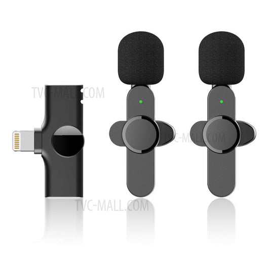 2Pcs Wireless Lavalier Microphone Live Streaming Recording Lapel Clip Mic with Lightning Jack Receiver for iPhone