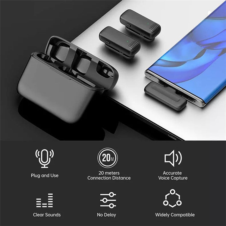 J13 2Pcs Wireless Lavalier Microphone with Receiver Omnidirectional Sound Pickup Mini Type-C Lavalier Mic