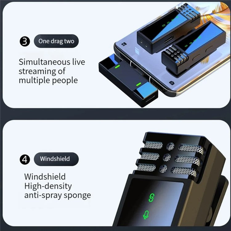 J68 Wireless Noise Canceling Microphone Lavalier Mic (2 Microphones+1 Receiver) - Type-C