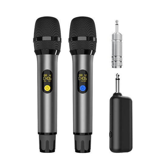 H21H Home Karaoke UHF Wireless Hand-Held Microphone, 2 Mic + 1 Receiver - Grey