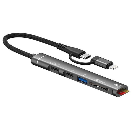 SVT02 For Iphone+Type-C Hub Adapter to 2 Type-C Ports+USB+2 Card Reader Slots - Black