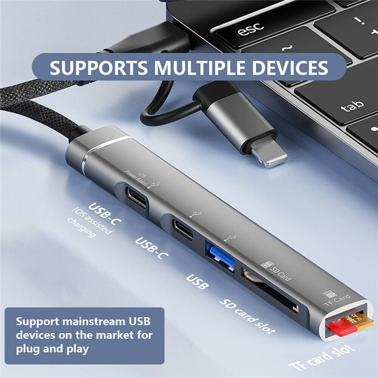 SVT02 For iPhone+Type-C Hub Adapter to 2 Type-C Ports+USB+2 Card Reader Slots - Silver