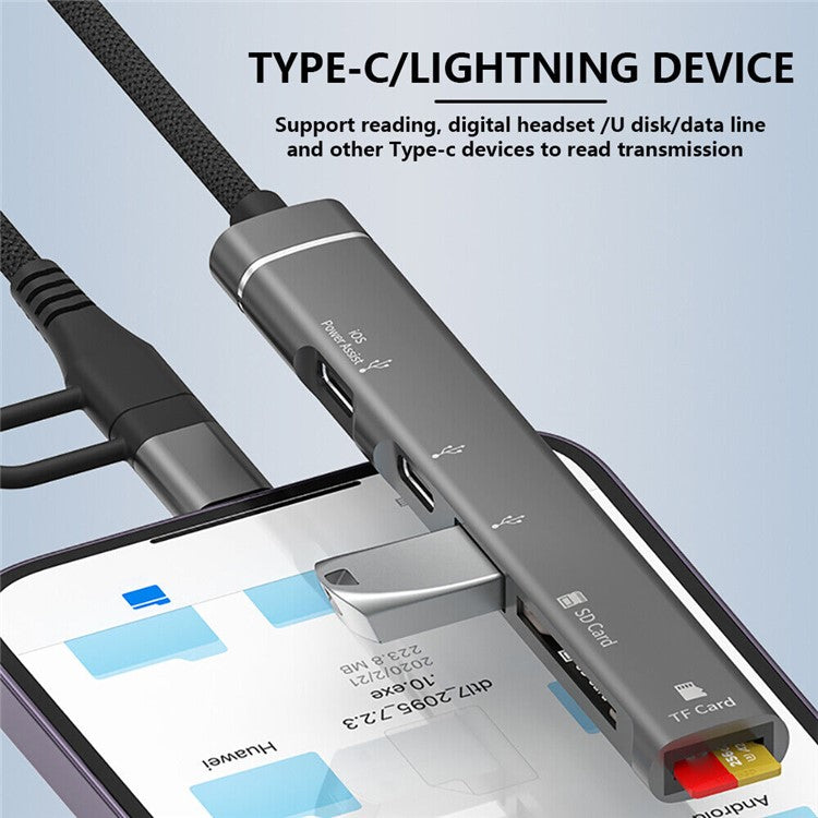 SVT02 For iPhone+Type-C Hub Adapter to 2 Type-C Ports+USB+2 Card Reader Slots - Silver
