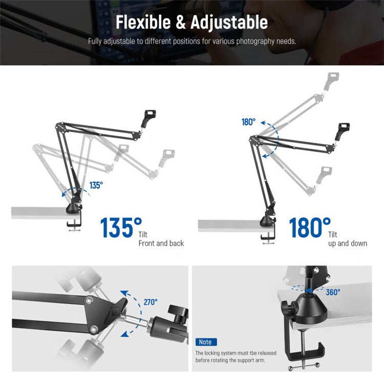 NEEWER NW-35 Desktop Clip-on Microphone Stand Adjustable Condenser Mic Holder Steel Folding Bracket