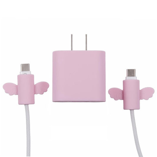 Solid Color Wings Protective Sleeve for Apple iPhone 18 / 20W Charger Cover + 2Pcs Data Cable Saver Silicone Case - Light Purple