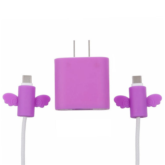 Solid Color Wings Protective Sleeve for Apple iPhone 18 / 20W Charger Cover + 2Pcs Data Cable Saver Silicone Case - Purple