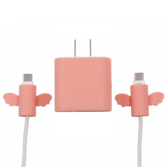 Solid Color Wings Protective Sleeve for Apple iPhone 18 / 20W Charger Cover + 2Pcs Data Cable Saver Silicone Case - Light Pink