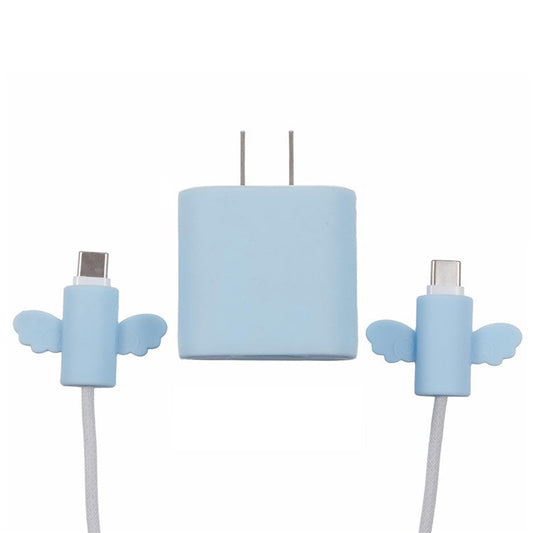Solid Color Wings Protective Sleeve for Apple iPhone 18 / 20W Charger Cover + 2Pcs Data Cable Saver Silicone Case - Baby Blue