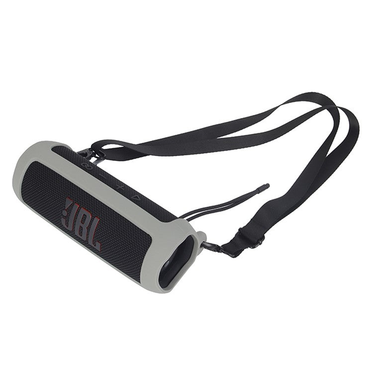 For JBL Flip 6 Silicone Carrying Case Bluetooth Speaker Protective Cover with Shoulder Strap and Carabiner - Grey