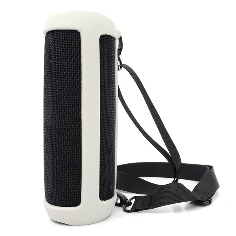 For JBL Flip 5 Bluetooth Speaker Protective Case Anti-drop Silicone Cover with Shoulder Strap and Carabiner - Grey