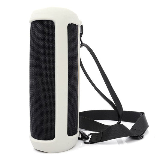 For JBL Flip 5 Bluetooth Speaker Protective Case Anti-drop Silicone Cover with Shoulder Strap and Carabiner - Grey