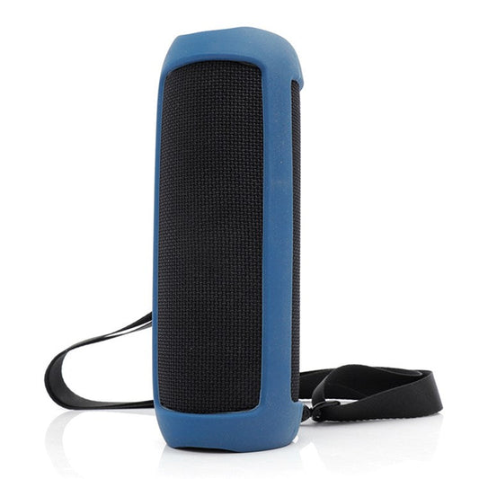For JBL Flip 5 Bluetooth Speaker Protective Case Anti-drop Silicone Cover with Shoulder Strap and Carabiner - Dark Blue