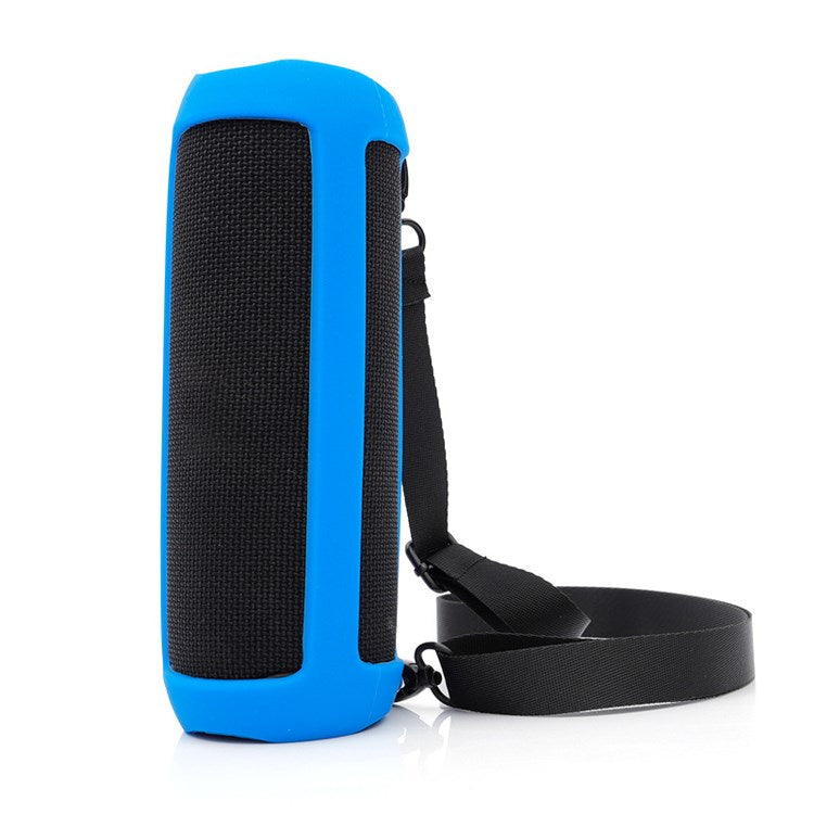 For JBL Flip 5 Bluetooth Speaker Protective Case Anti-drop Silicone Cover with Shoulder Strap and Carabiner - Blue