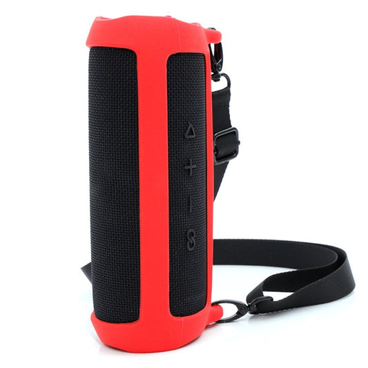 For JBL Flip 5 Bluetooth Speaker Protective Case Anti-drop Silicone Cover with Shoulder Strap and Carabiner - Red