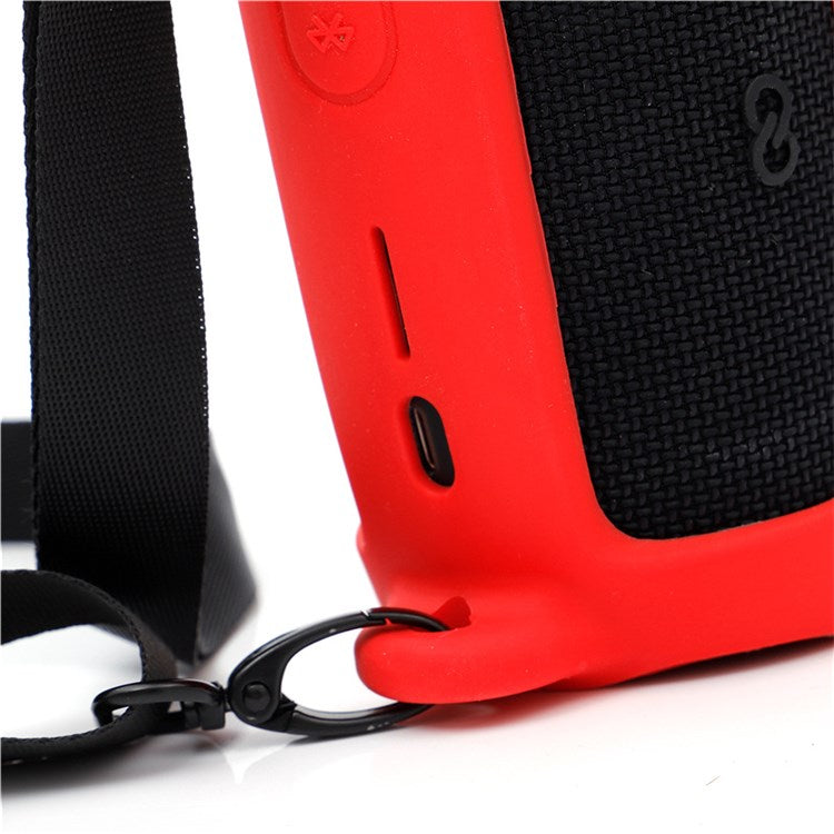 For JBL Flip 5 Bluetooth Speaker Protective Case Anti-drop Silicone Cover with Shoulder Strap and Carabiner - Red