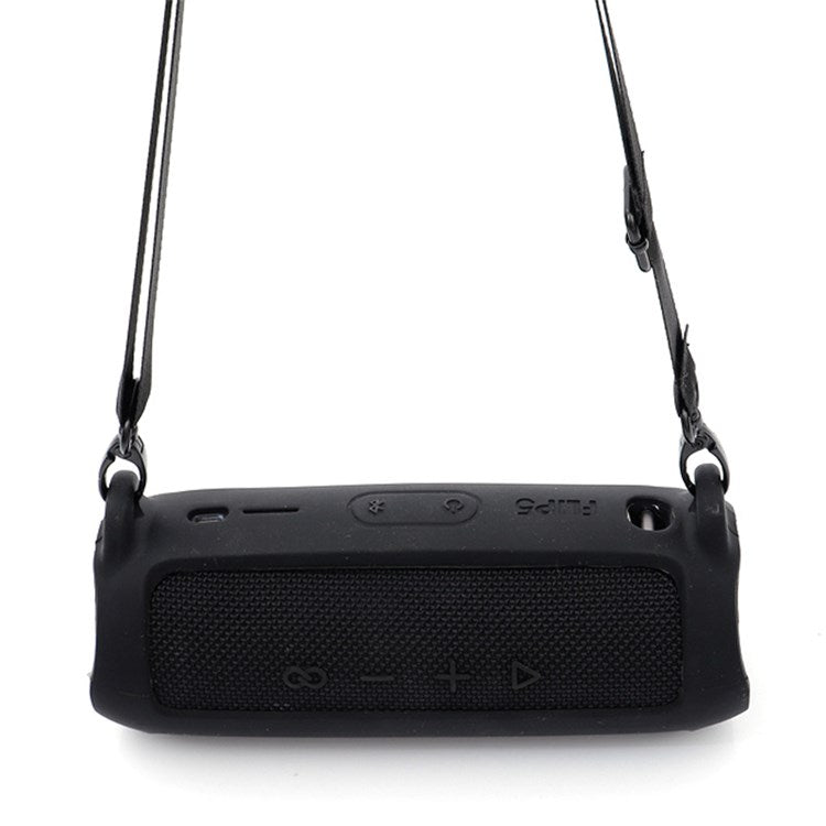 For JBL Flip 5 Bluetooth Speaker Protective Case Anti-drop Silicone Cover with Shoulder Strap and Carabiner - Black