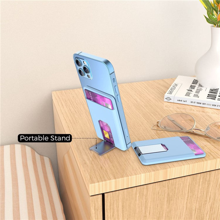 AHASTYLE PT133-H Magnetic Card Holder for iPhone 14 / 13 / 12 Series, Card Pocket Phone Stand  Bracket - Baby Blue