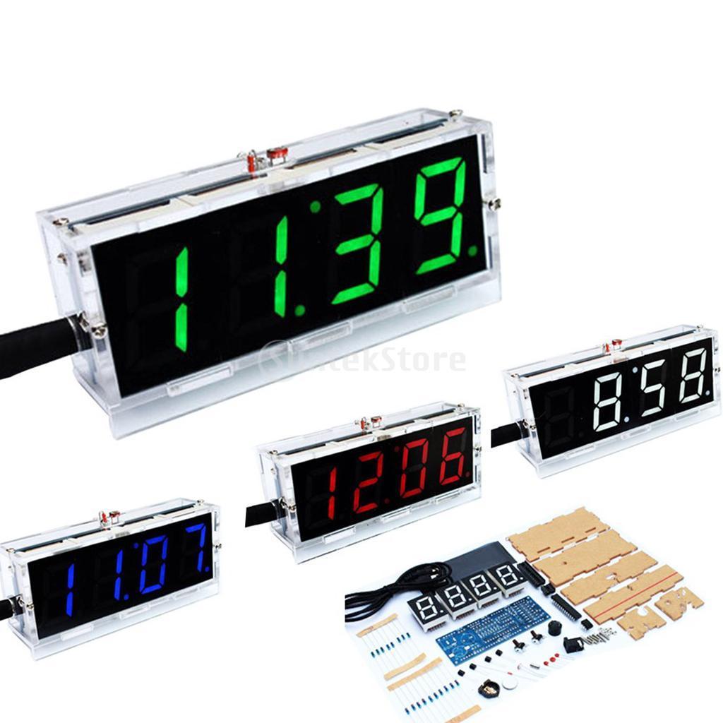 4-digit DIY Digital LED Clock Kit Light Control Temp Date Time Display Blue