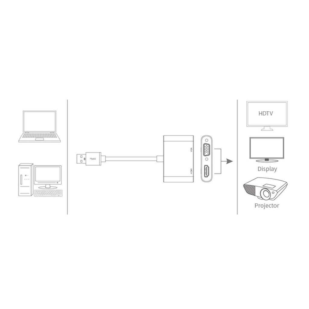 2-in-1 USB 3.0 to VGA HDMI HD 1080P Converter Adapter Cable Silver