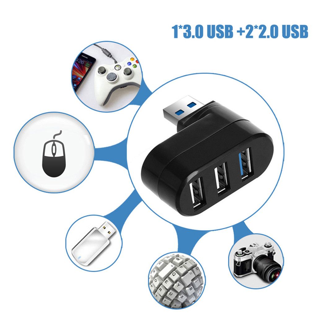 180 Degree Rotatable 3 Ports HUB USB 3.0 + 2 USB 2.0 Adapter Splitter Black