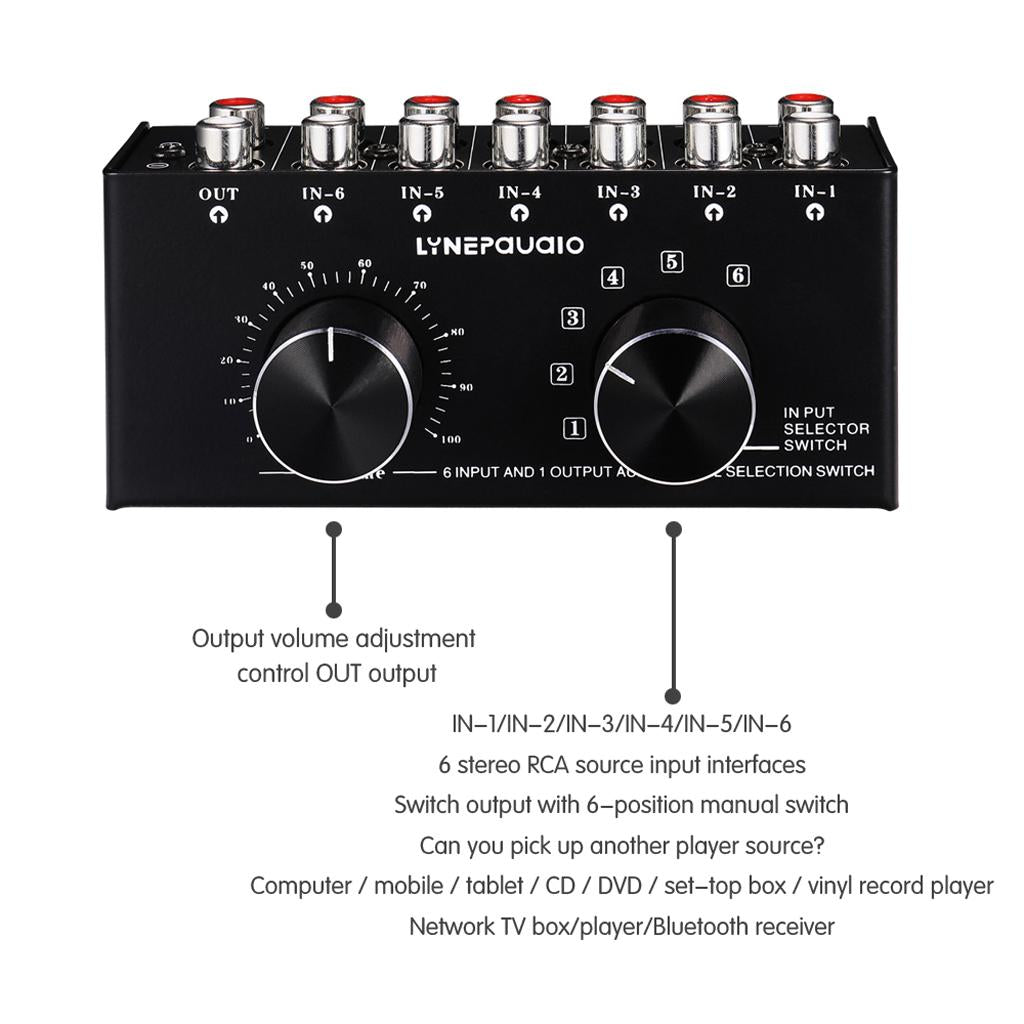 6 Input 1 Output Audio Signal Source Selection Selector Switcher Splitter