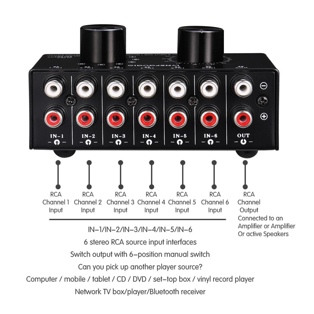 6 Input 1 Output Audio Signal Source Selection Selector Switcher Splitter
