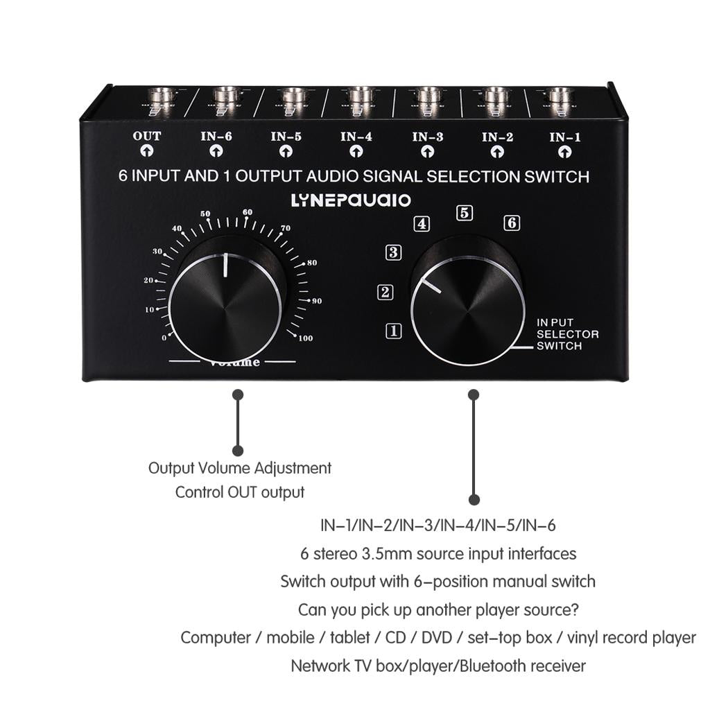 6 Input 1 Output Audio Signal Selection Switcher Volume Control 3.5mm
