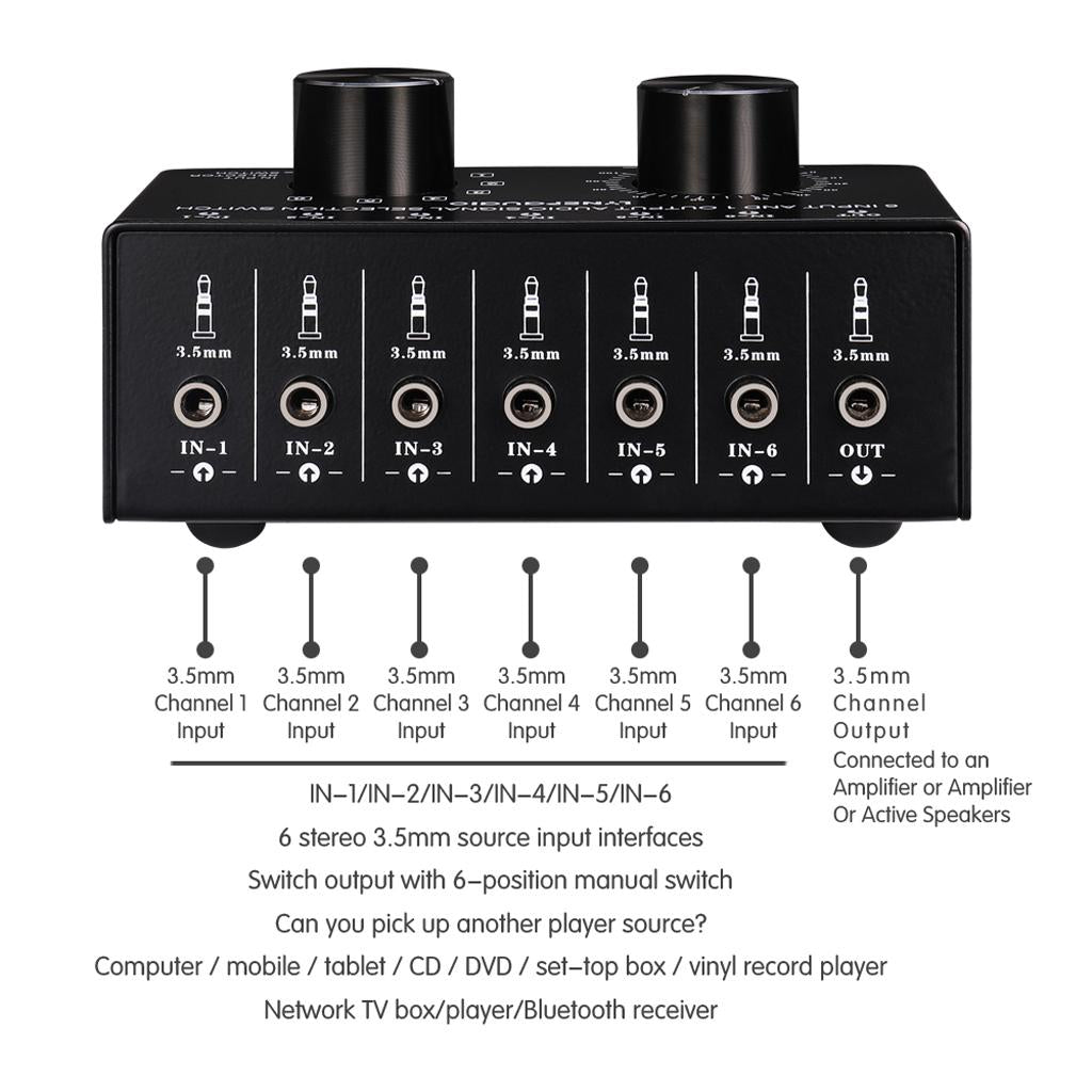 6 Input 1 Output Audio Signal Selection Switcher Volume Control 3.5mm