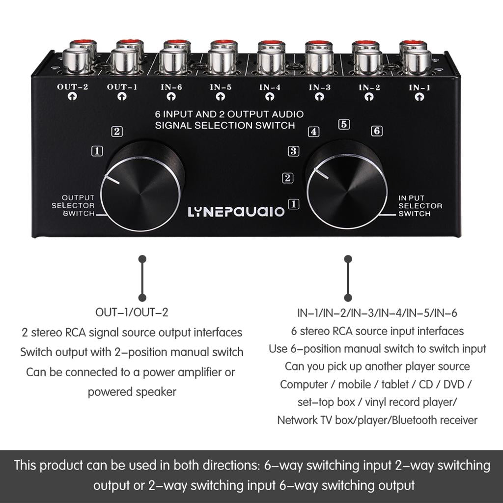 6 Input 2 Output Stereo Audio Signal Selection Speaker Switcher RCA Port