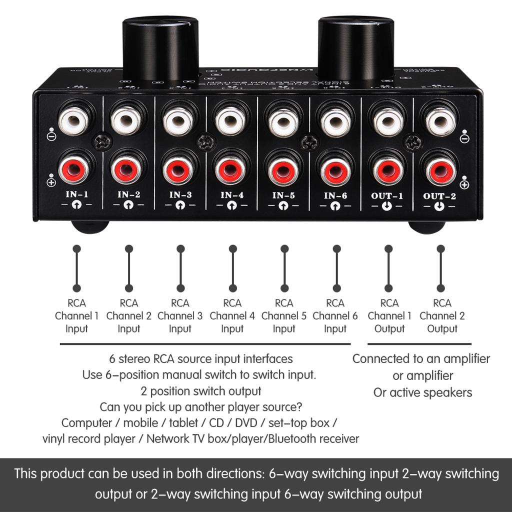 6 Input 2 Output Stereo Audio Signal Selection Speaker Switcher RCA Port