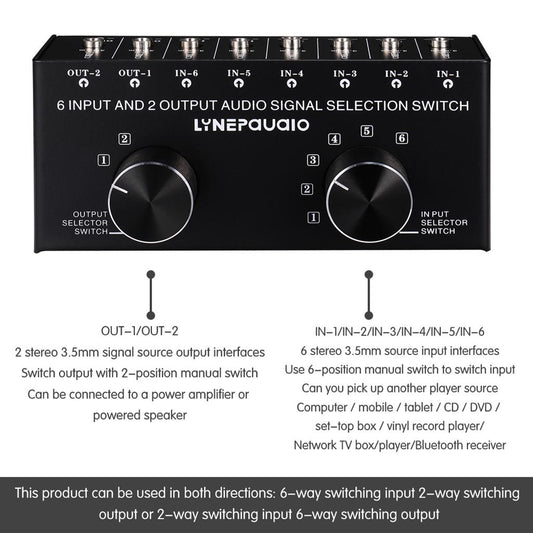 6 Input 2 Output Stereo Audio Signal Selection Speaker Switcher 3.5mm Port