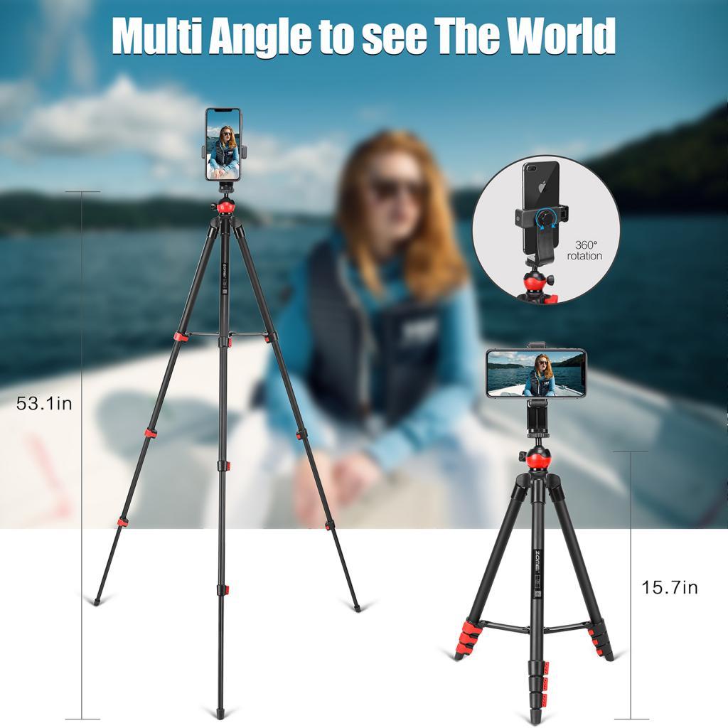 Cell Phone Tripod 54 inch Travel Tripod with Bluetooth Remote Cellphone