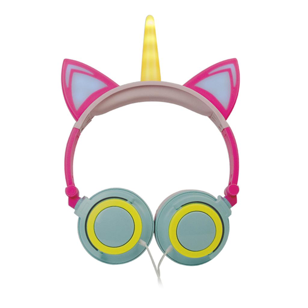 Cat Ear Unicorn Kids Headphones LED Flashing Girls Headband green yellow