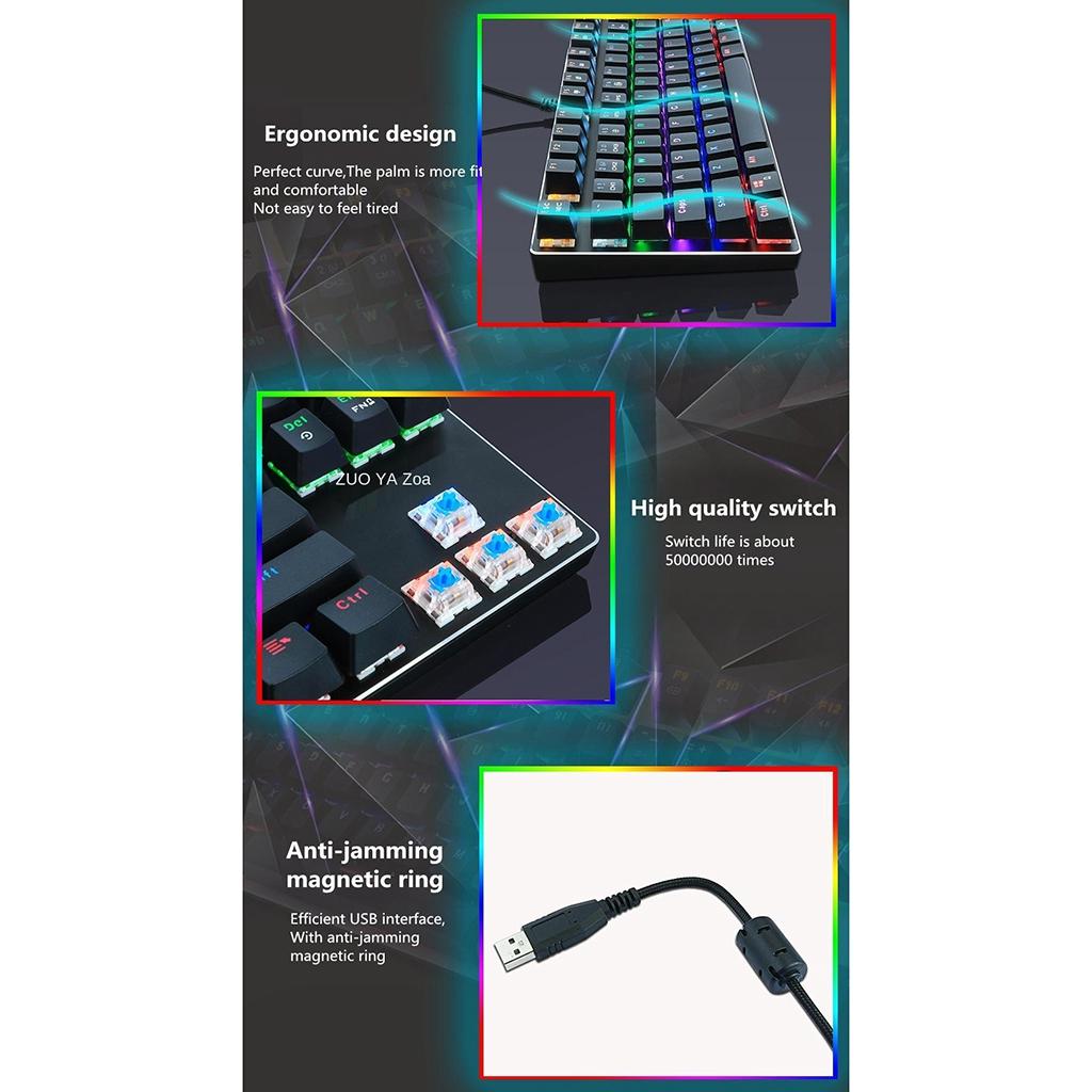 ZUOYA Gaming Mechanical Keyboard Wired Backlit 87Key Blue Switch RGB