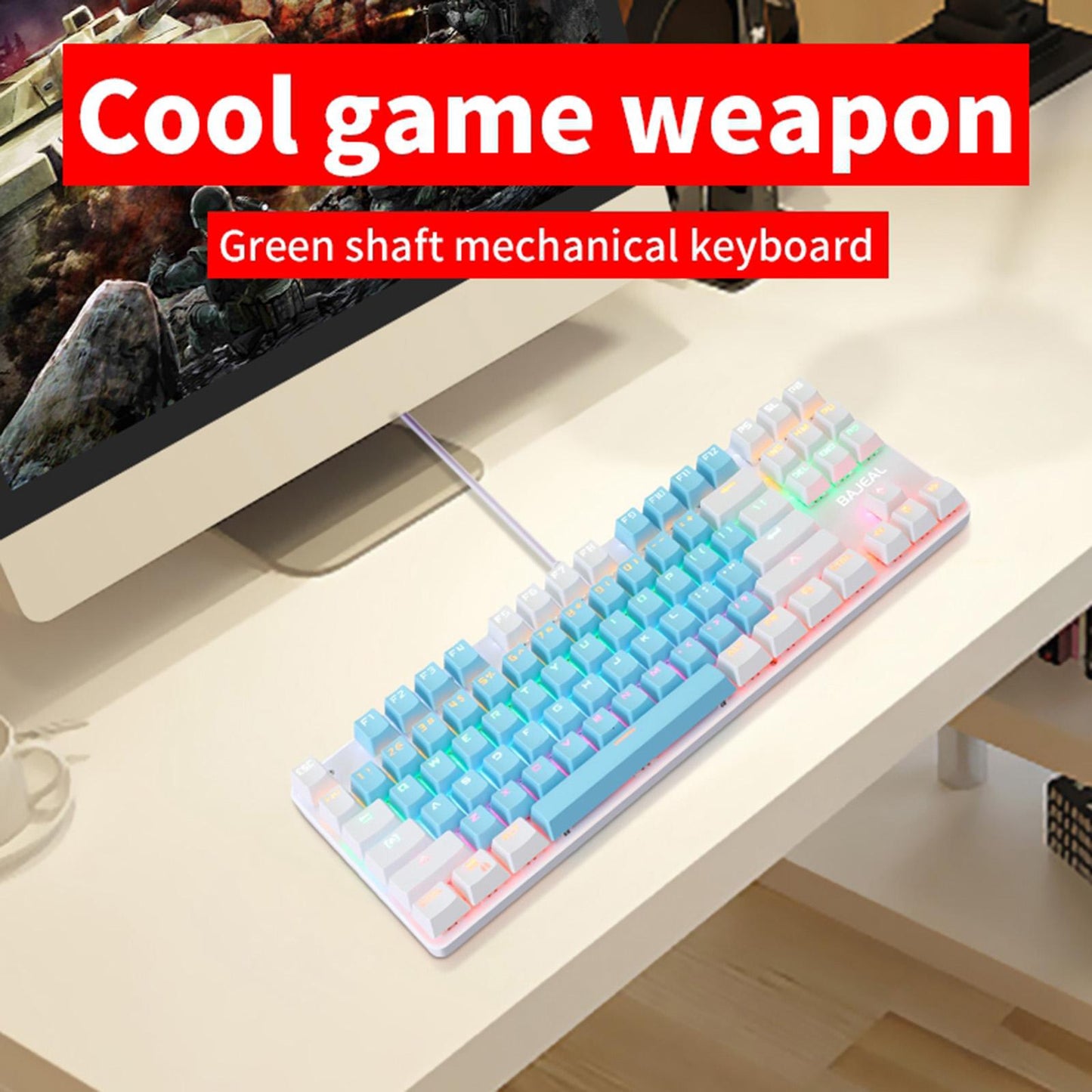 Computer Desktop Wired Gaming Keyboard 87 Keys Layout for Work Blue+White