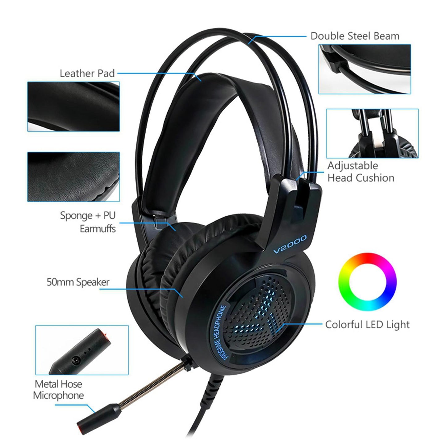 LED Colorful Over Ear Gaming Headset Earpiece for Gamer Black with AUX