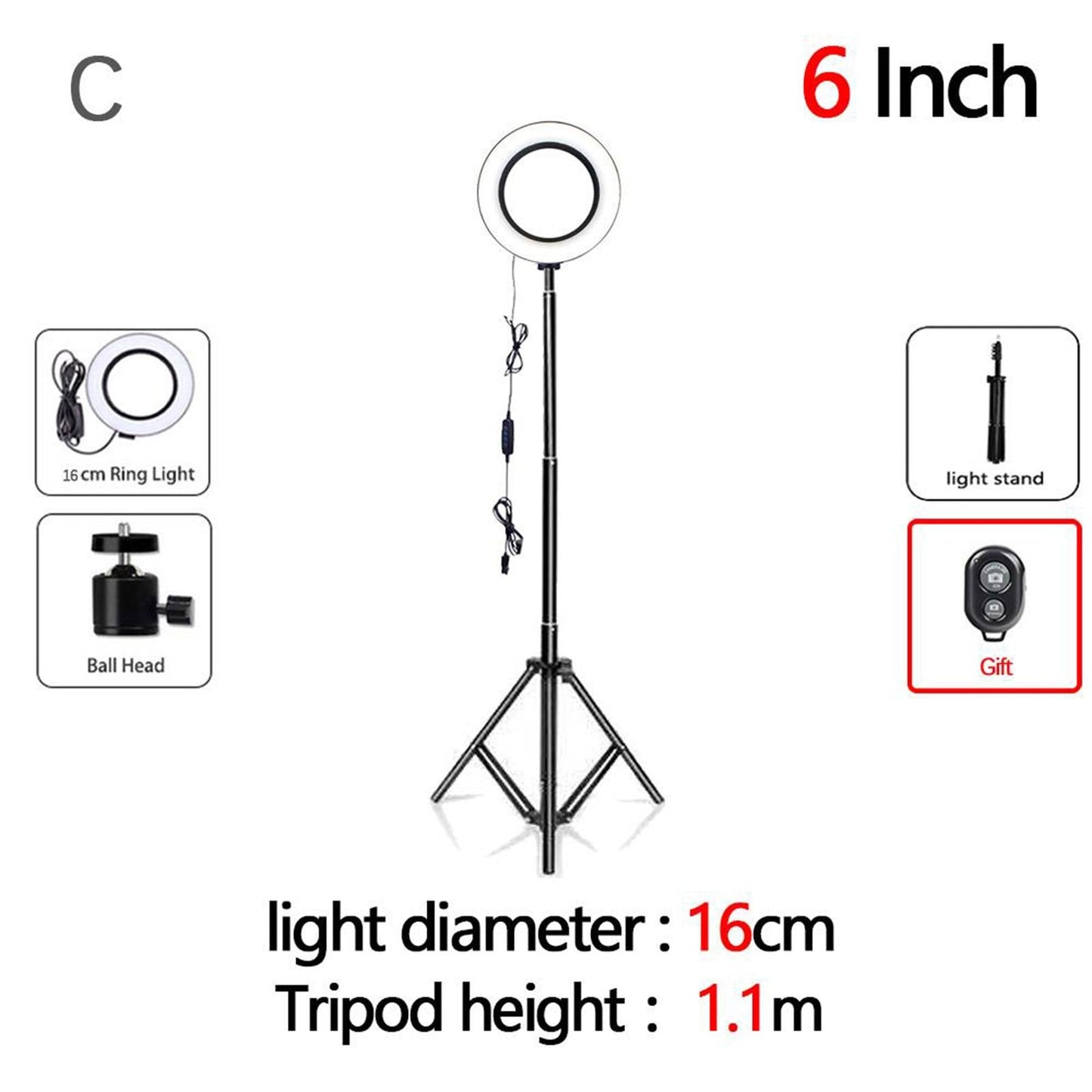 Adjustable 12/10"/6" Selfie Ring Light Phone Holder for YouTube Photography Set C"