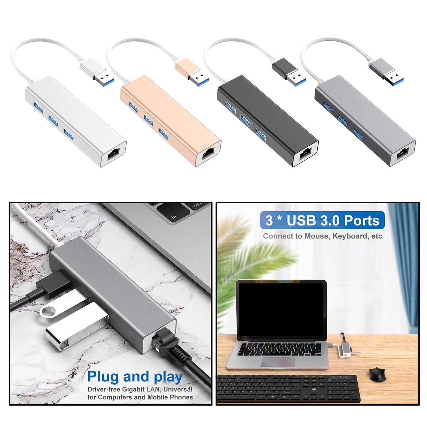 3-Port USB 3.0 Hub with Ethernet Supporting RJ45 10/100Mbps  silver