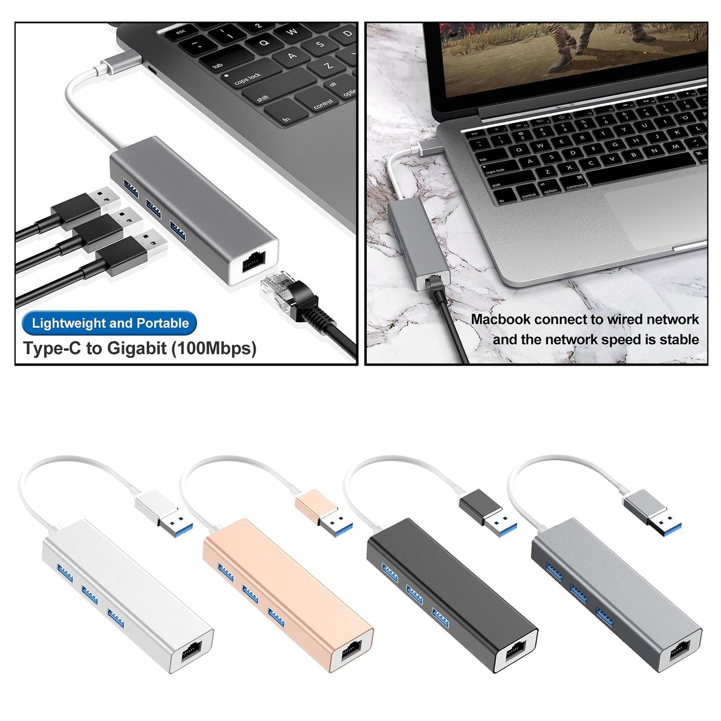 3-Port USB 3.0 Hub with Ethernet Supporting RJ45 10/100Mbps  silver
