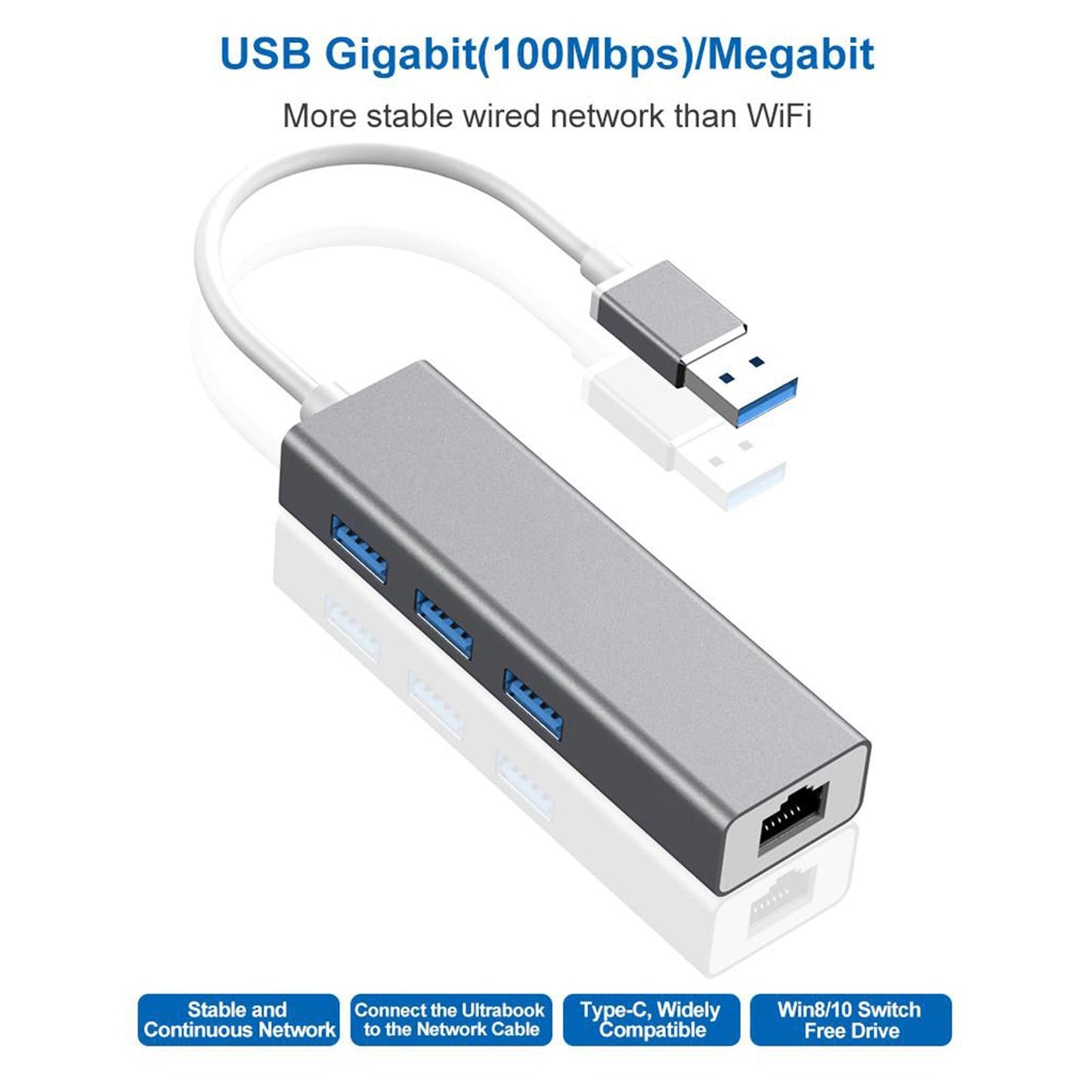 3-Port USB 3.0 Hub with Ethernet Supporting RJ45 10/100Mbps  gray