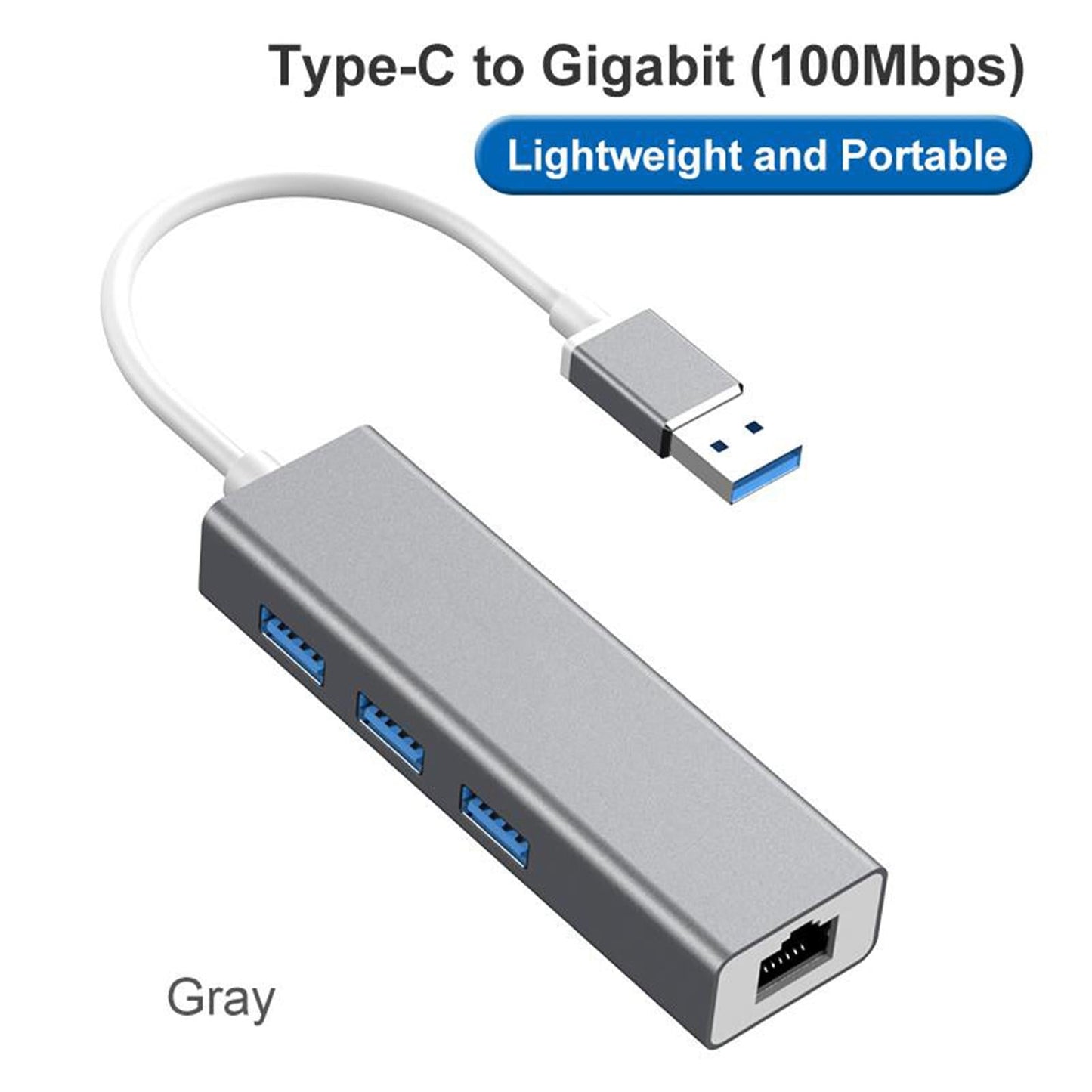 3-Port USB 3.0 Hub with Ethernet Supporting RJ45 10/100Mbps  gray